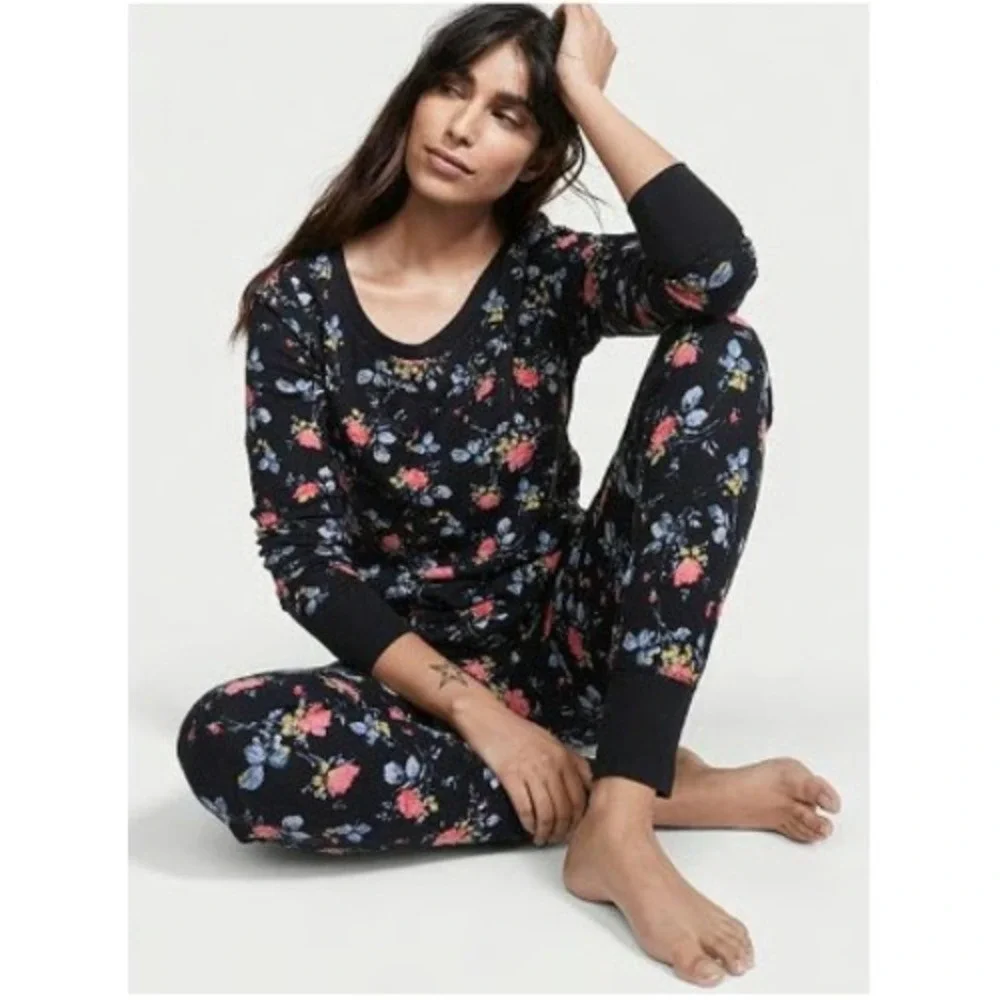 Victoria's Secret‎ Thermal Pajama Set Painted Floral Waffle Sleepwear XL Long